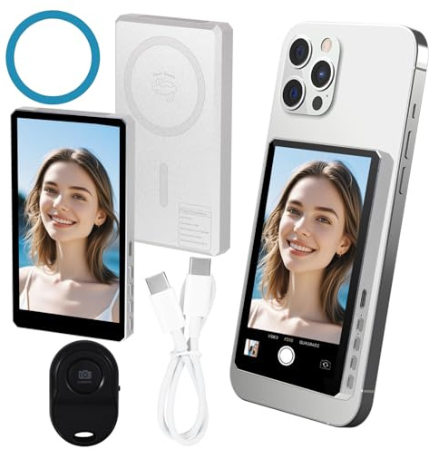 QESSUVNC Handy Selfie Monitor,Selfie Monitor Screen Kabellose Magnetische Handyhalterung für iPhone/Android Bluetooth mit Lautsprecher 3H Akku