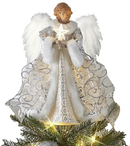 Weihnachtsbaumspitze Beleuchtet Engels 30cm, Engels Christbaumspitze, Weihnachtsengel Figuren Mit Weißen Federflügeln, Tannenbaumspitze Mit Led, Baumspitze Weihnachten Für Party Weihnachtsdekoration