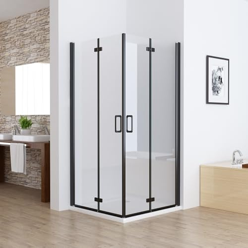 MIQU Duschkabine Eckeinstieg Falttür 90x80, Höhe 185 cm, ohne Duschwanne | 6mm klares ESG NANO Glas, Matt Schwarz Rahmen, faltbare Pendeltür, mit Hebe‑Senk‑System Duschwand für Dusche Duschabtrennung