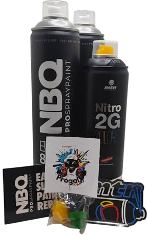 MTN NBQ Eternal Pack de Spray de Pintura, 2 Plata 600ml + 1 Nitro 2G Negro Mate 500ml, Alta Presión Secado Rápido, con 3 Boquillas y 2 Stickers, para Graffiti y Decoración