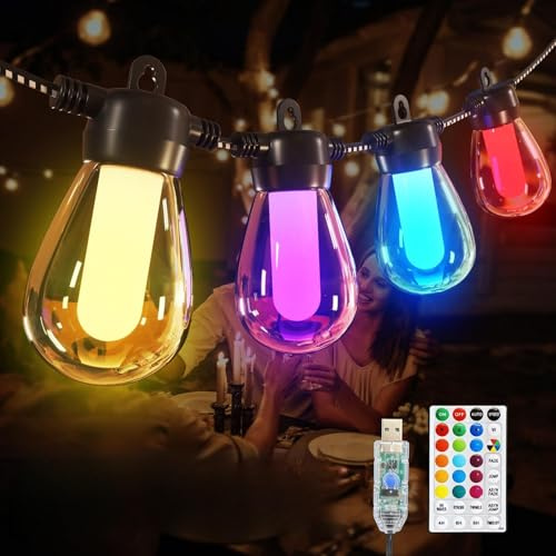 Ciskotu Lichterkette Außen Bunt Strom Outdoor - 15M G40 Glühbirnen Garten LED Beleuchtung Balkon Lichterketten Aussen IP65 Lichterkette mit Fernbedienung für Terrasse Party (Bunt)