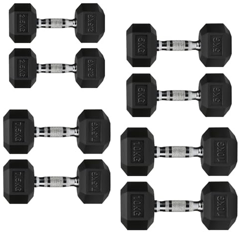 Hex Dumbbells Rubber Coated Cast Iron, Knurled Metal Handles, Anti-Roll Hex Design for Home Gym Strength Training and Weight Lifting, 1kg to 30kg Pairs and Sets