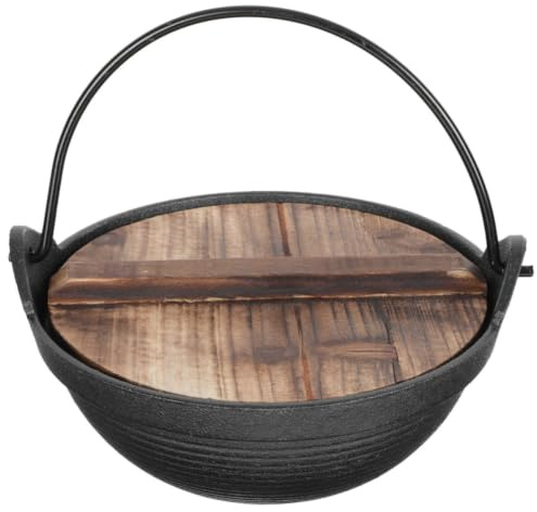 NOLITOY Pot de Camping Suspendu en Fer et Bois, Marmite à Soupe Japonaise Noire, Poignée Suspendre, pour Randonnée et Pique-niques, Cuisson au Feu Ouvert