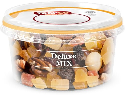 Tropgo Deluxe Mix 180gr - Mixed Nuts and Dried Fruits in a Resealable and Recyclable Nut Tub - Contains Fibre, Protein, and Essential Minerals - Wholesome Trail Mix - Healthy Snacks for All Ages