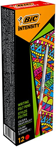 BIC Intensity Fineliner, Filzstifte Set mit 12 Stiften in Rot, mit mittlerer Spitze, Ideal für das Büro, das Home Office oder die Schule