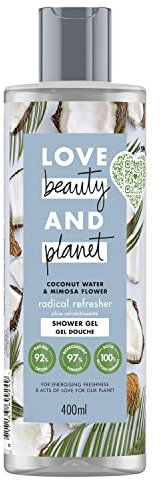 Love Beauty & Planet - Gel doccia da donna, vegano, pioggia rinfrescante, acqua di cocco e fiori di mimosa, ingredienti di origine naturale, tutti i tipi di pelle certificata vegana 400 ml