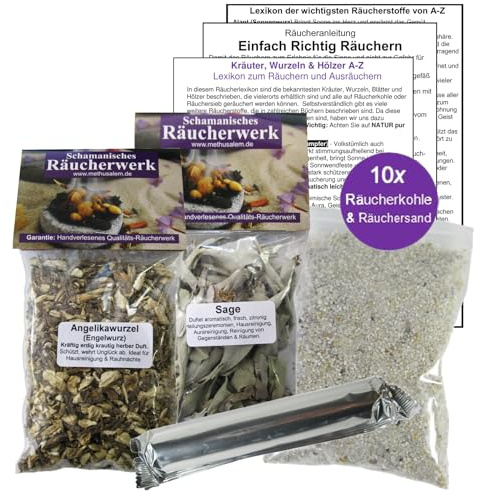Angelikawurzel & weißer Salbei zum räuchern 2 x 60ml Räucherwerk 6-TLG Räucher-Set mit Räucherwerk für Hausreinigung & Rauhnächte inkl Räucherkohle + ZUBEHÖR. 81890-1