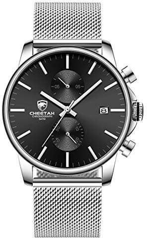 GOLDEN HOUR Herrenuhr Mode Schlanke minimalistische Quarz Analog Mesh Edelstahl wasserdichte Chronographen Uhren, Auto Date in Black Face, Farbe: Silber Schwarz