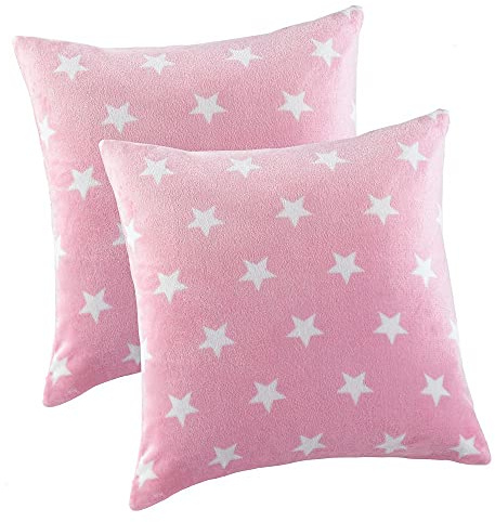 MALIKA Nicky-Teddy Cashmere Touch Coral Fleece Kissenbezug Kissenhülle alle Größen Couchkissen Sofakissen Deco Sterne, Größe:2X 50x50 cm, Designe:Sterne-ROSA