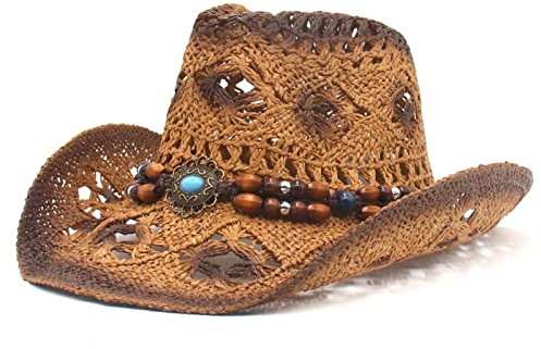 Geagodelia Hollow Out Straw Cowboy Hats for Women Men Summer Beach Cowboy Hat Womens Western Sun Hat Crushable Boho Straw Cowboy Hat with Turquoise for Rodeo Horseback Riding