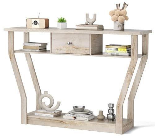 GOPLUS Mesa Consola de MDF Anti-Bascular con Cajón y 3 Estantes, Consola con Base Estable y Duradera, Mesa de Entrada para Dormitorio, Salón, 120 x 30 x 81 cm, Carga Máxima 50 kg (Gris)