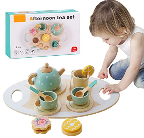 Deuson 14Pcs Toy Tea Set Afternoon Tea Set Toy Wooden Play Tea Party Set Learning Role Play Funny Dessert Food Kid Playset Interactive Simulation Teacup Toy for Toddler Girls Boys N(14pcs)