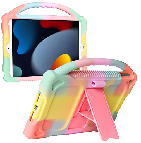 JOGUIIA iPad 10.2 Hülle für Kinder, Premium-Silikon, stoßfeste Kinderabdeckung mit integriertem Ständer für Apple iPad 9.8.7. Generation (Regenbogen)