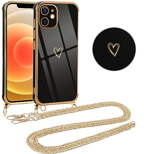 Vauki handyband für iPhone 12 Mini Hülle mit Band, Handyhülle mit Kette, Herz Motiv, Ultra Dünn Stoßfeste Aesthetic Case mit Kordel zum Umhängen für iPhone 12 Mini 5.4 Zoll, Goldene Metallkette