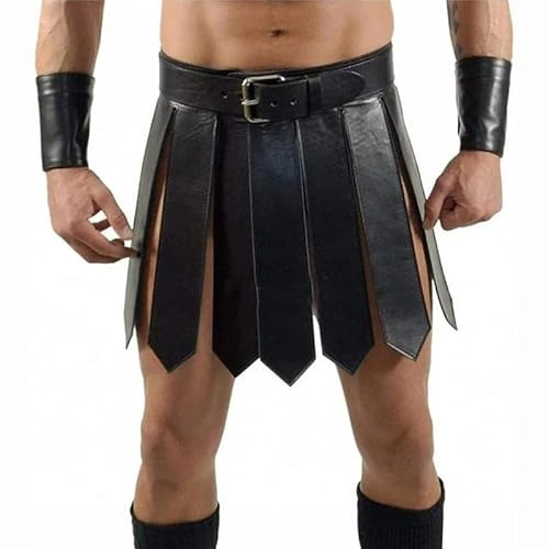 AMCOIN Herren Mittelalterlich Gladiator PU-Lederrock Römisch Krieger Taillengürtel Punk Stil Rockgürtel Halloween Cosplay Party Kostüm (Schwarz,Einheitsgröße)