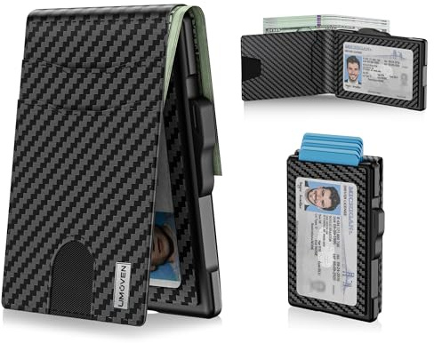 umoven Wallet for Men - Pop Up Case, Cash Slot, and Credit Card Slot - Slim Aluminum Wallet with RFID Blocking, Minimalist Leather Wallet Front Pocket with ID Window (Carbon Fiber)
