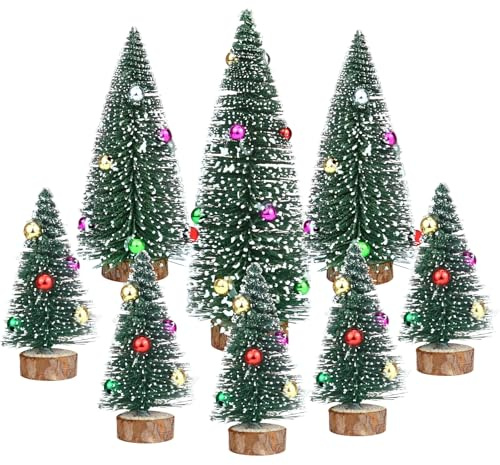 8pcs Mini Christmas Trees Decorations Artificial Pine Trees Tabletop Bottle Trees Small Tree Ornaments with Snow and Colorful Beads for Xmas Winter Holiday Decor (Size 10/15/20 cm)