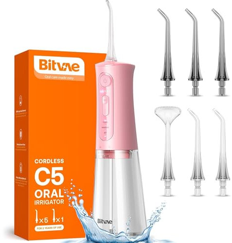 Bitvae Water Dental Flosser for Teeth Cordless, Water Teeth Cleaner Picks for Cleaning with 3 Modes & 5 Intensities, Oral Irrigator with 6 Jet Tips, IPX7 Waterproof, USB Rechargeable, Pink