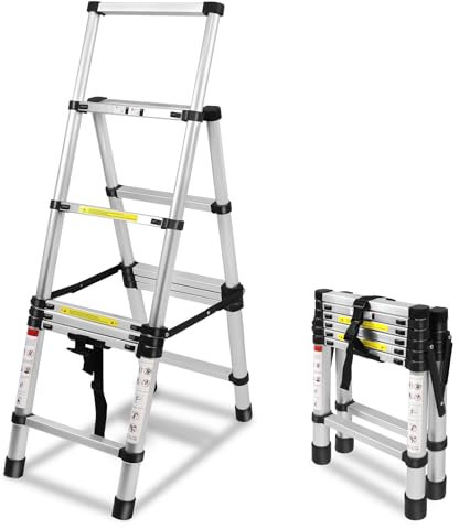 Aufun Scala telescopica 1,7 m + 2 m, telaio ad A, 6 + 7 gradini, in alluminio, antiscivolo, scala a pioli, design telescopico, portata massima 150 kg