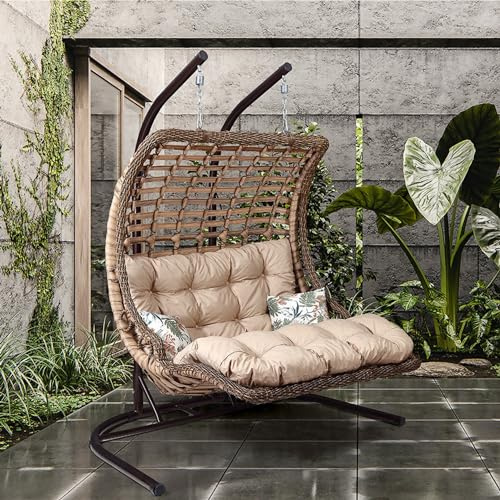 Alveon Hängesessel mit Gestell & Kissen mit Schutzhülle Handgeflechtet Hängestuhl Rattan Hängematte Hängekorb Garten Balkonmöbel Hängeschaukel Bodrum Double (Hellbraun)