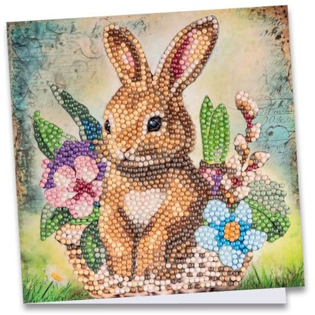 Ideen mit Herz Diamond-Painting-Grußkarte | 16 cm x 16 cm | 370 g/m² | Inkl. Umschlag & Werkzeug (Hase im Blumenkorb)