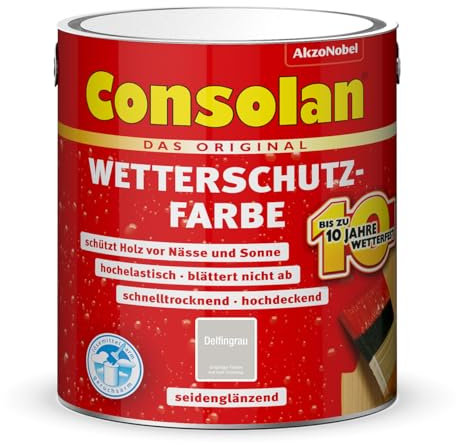 Consolan Wetterschutz-Farbe, Deckender Holzschutz für Außen, Delfingrau, 2,5L