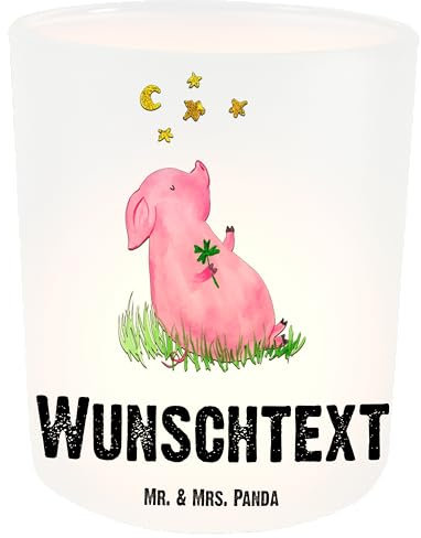 Mr. & Mrs. Panda Personalisiertes Windlicht Schwein Glück - Personalisierte Geschenke, Kerzengläser, Lustige Sprüche, Sterne, Motivation, Windlichtgläser, Träume, Ziele, Glücksbringer, mit Namen