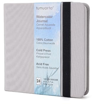tumuarta Aquarell Skizzenbuch, 12x12 cm, 300 g/m², 100% Baumwoll, kaltgepresst, 24 Blatt, 48 Seiten, Aquarell-Journal für die Verwendung als Reiseskizzenbuch und Mixed-Media-Notizblock (grau)