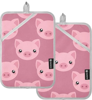KLL Pot Holders Sets, 2 Pack Heat Resistant Potholder with Pocket Hot Pot Holders Oven Mitts, 9.8x7 Cartoon Pig