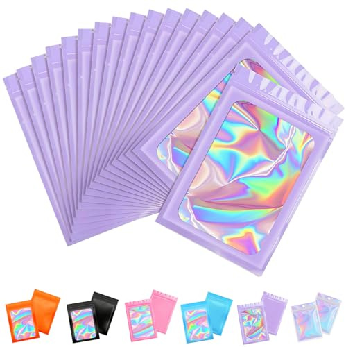 50 st mylar holografiska väskor 20 x 30 cm, lila luktsäkra mylar-påsar återförslutningsbara söta påsar, små plastpåsar provpåsar för läppglans, smycken, ögonfransar, matförvaring presentgrepp folie
