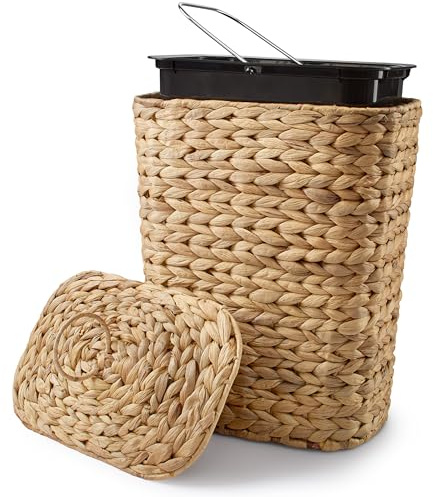 Tidita 3 GALLONS Wicker Waste Basket - Wicker Trash Can with Lid - Water Hyacinth Bathroom Garbage Can with a Lid - Bathroom Trash Can Boho Style - Removable Liner, Iron Frame (Natural, 3 Gallons)