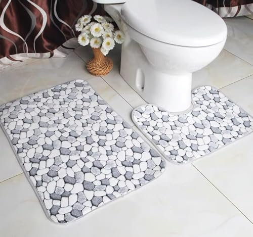 True Face Bath Mat Pebble Stones Inspired Style Bath Memory Foam Mats Pedestal Set Non Slip Toilet Bathroom Rugs 2 Pieces Grey White One Size