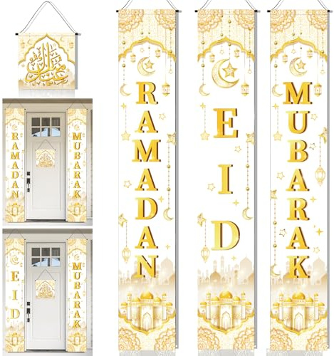 DPKOW Ramadan Mubarak Bannière Eid Ramadan Décoration, Pack de 4 Or Blanc Eid Mubarak Bannière Porte Ramadan Mubarak Décoration Eid Mubarak Panneau de Bienvenue pour Porche Decoration Ramadan