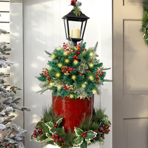 Pre-lit Christmas Urn Filler With Lights, Holiday Planter Filler With Tripod Stake, 16 Artificial Mini Xmas Pine Tree for Outdoor Festival Decor (1PC)
