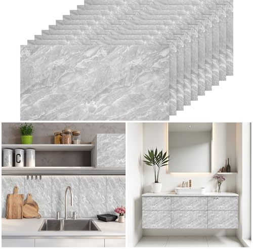 Warmiehomy Marble Tiles 60x30cm 10Pcs Thicken Self Adhesive Wall Tiles Waterproof,Peel and Stick on Vinyl Tiles for Living Room Bedroom Bathroom Kitchen Splashback,Pale Earl Grey