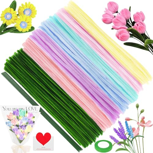 TaimeiMao 200 Stück Tulpe Pfeifenreiniger Blumen Zum Basteln Set Pfeifenputzer Blumenstrauß Bunt Tulpen Pipe Cleaner Blumen Bastelset mit Blumenpapier Klebeband Geschenkband Lichterkette Karte(Farbe)