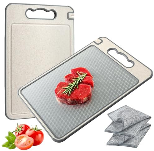 CHDEXU Double Sided Cutting Board for Kitchen, 304 Stainless Steel and Wheat Straw Chopping Board for Meat Vegetables Fruit, Cutting Boards with Handle and Non Slip Design