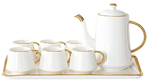 Tazze da caffè in Porcellana, Set da tè e piattini da 6 con teiera, Finiture in Oro, Anniversario, Compleanno