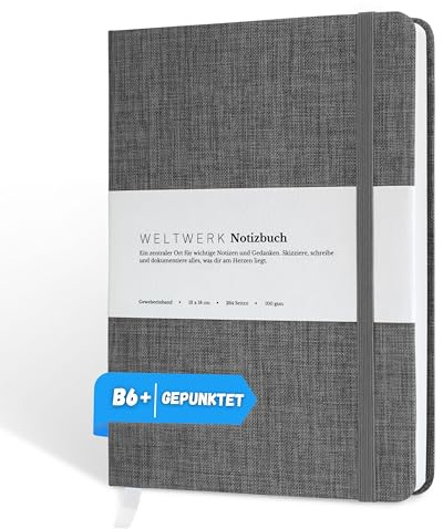 WELTWERK Anteckningsbok B6+ [Dotted, skiffergrå] högkvalitativ anteckningsbok med 100 g/m² papper, tygomslag och gummiband – litet anteckningsblock med 264 sidor för bullet journaling, skisser och