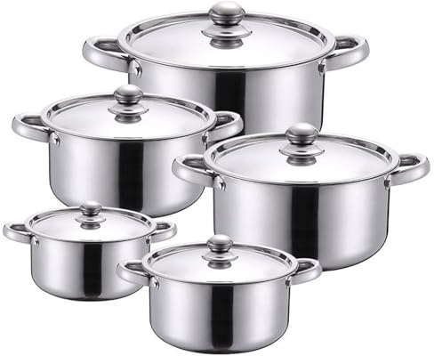 Cookware Set,5 -Piece Stainless Steel Pot & Pan Sets,Cooking Pot Set with 5 Lids Cooking Pot Set,Gold-Plated Soup Tureen Set 18/20/22/24/26cm Suitable for All Stovetops (Sliver)