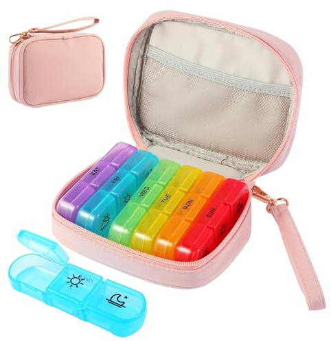Travel Pill Organiser 3 Times a Day, 7 Days Pill Box with Large Opening and Handle, Pill Organiser Travel Tablet Box with for Vitamins, Fish Oil Capsules, Tablets and Supplements (Pink-M)