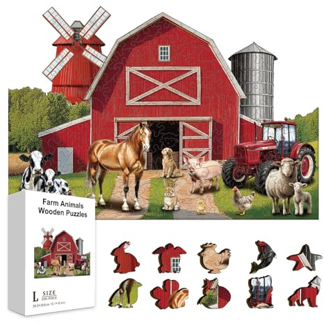 GLOBLELAND 300 Rompecabezas de Madera de Casa de Granero Rojo para Adultos de 15.15x10.47 Pulgadas con Animales de Granja de Madera Colorido para Cumpleaños Navidad Y Halloween.