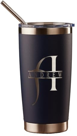 Personalised Engraved Thermal Travel Mug Any Name and Initial Gift with Metal Straw