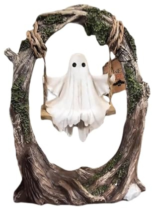 Ghost on a Tree Swing, Cute Halloween Swinging Shadows, Ghost Statue Decoration for Home Office Garden Patio Lawn, Bookshelf Desktop Ornament Decor (A)