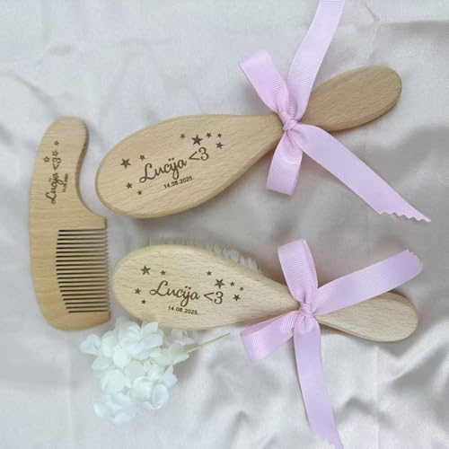 Personalisiertes 3-teiliges Baby-Haarbürsten- Und Kamm-Set, Natürliche Holzbürste Mit Hochwertigen Ziegenborsten, Individuelle Geschenke Zur Vorbeugung Von Milchschorf