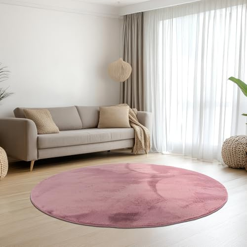 Teppich-Traum Teppich Wohnzimmer Schlafzimmer Kurzflorteppich Hasenfell Kunstfell Optik samtweich seidig schimmernd pflegeleicht hochwertig einfarbig Berry 120 cm rund