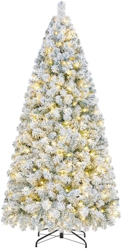 Yaheetech 183 cm konstgjord julgran med snö och 250 varm vit LED, snöflingor julgran, ca 780 spetsar, brandsäker julgran, snabb montering inkl. metallstativ, vit och grön