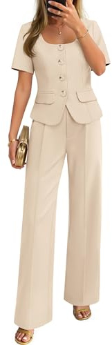 ZESICA Women's Summer Two Pieces Suits Set 2026 Short Sleeve Blazer Wide Leg Pants Business Casual Outfits Sets,Apricot,Medium