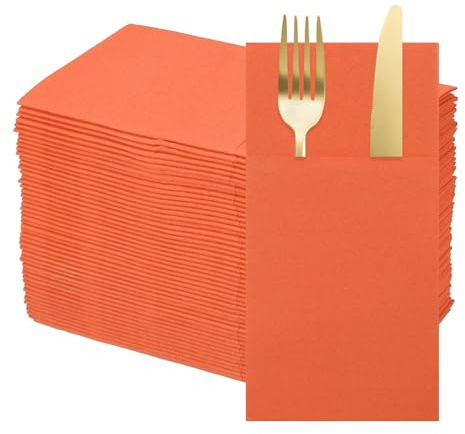 QUARKZMAN 100 Pcs Serviettes Jetables En Lin Essuie-Mains Orange Vif | Avec Poches Intégrées Pour Couverts, Serviettes En Papier Pour Couteaux Et Fourchettes, Pour Mariage