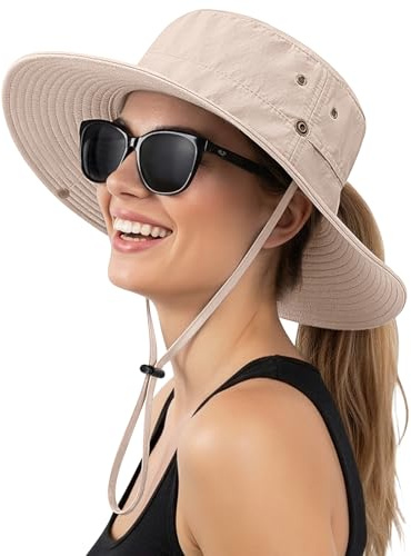 Lonya Cappello Sole Donna Estivo con Foro per Codino Protezione UV Cappelli Tesa Larga Safari Mare Trekking Uomo Cappello Pescatore,B-Albicocca
